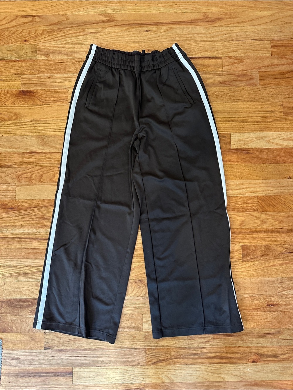 Athleta Brown Wide-Leg Track Pants with White Side Stripes